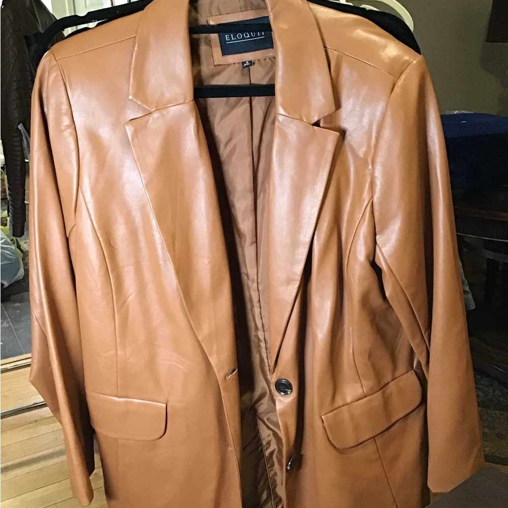 Eloquii Tan Blazer Faux Leather Structured Jacket Size 16